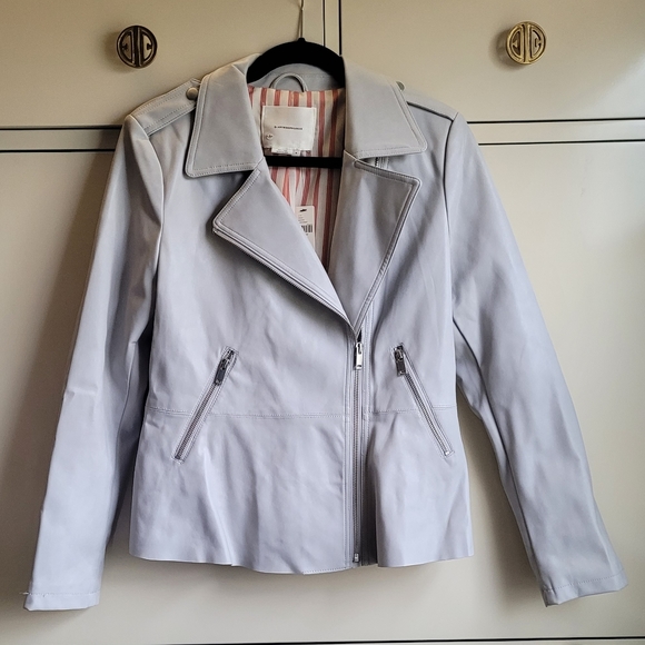 New Anthroplogie Peplum Faux Leather Jacket Blazer Light Gray Size M - Picture 2 of 10